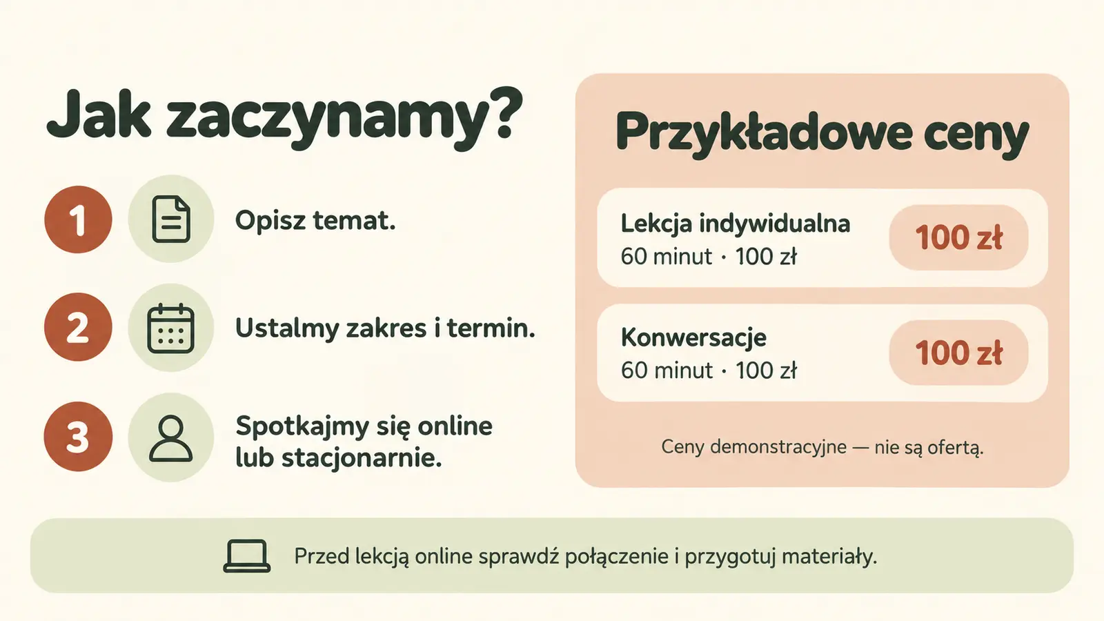 Projekt szablonu Wizytówka dla korepetytora — sekcja Przebieg i ceny