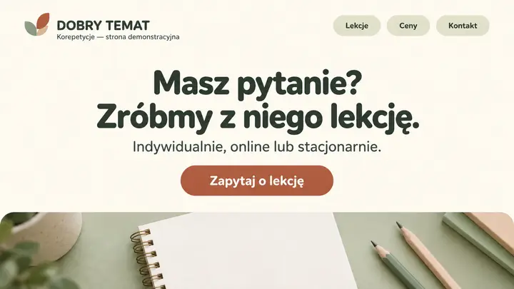 Projekt szablonu Wizytówka dla branży Korepetycje — pierwszy ekran