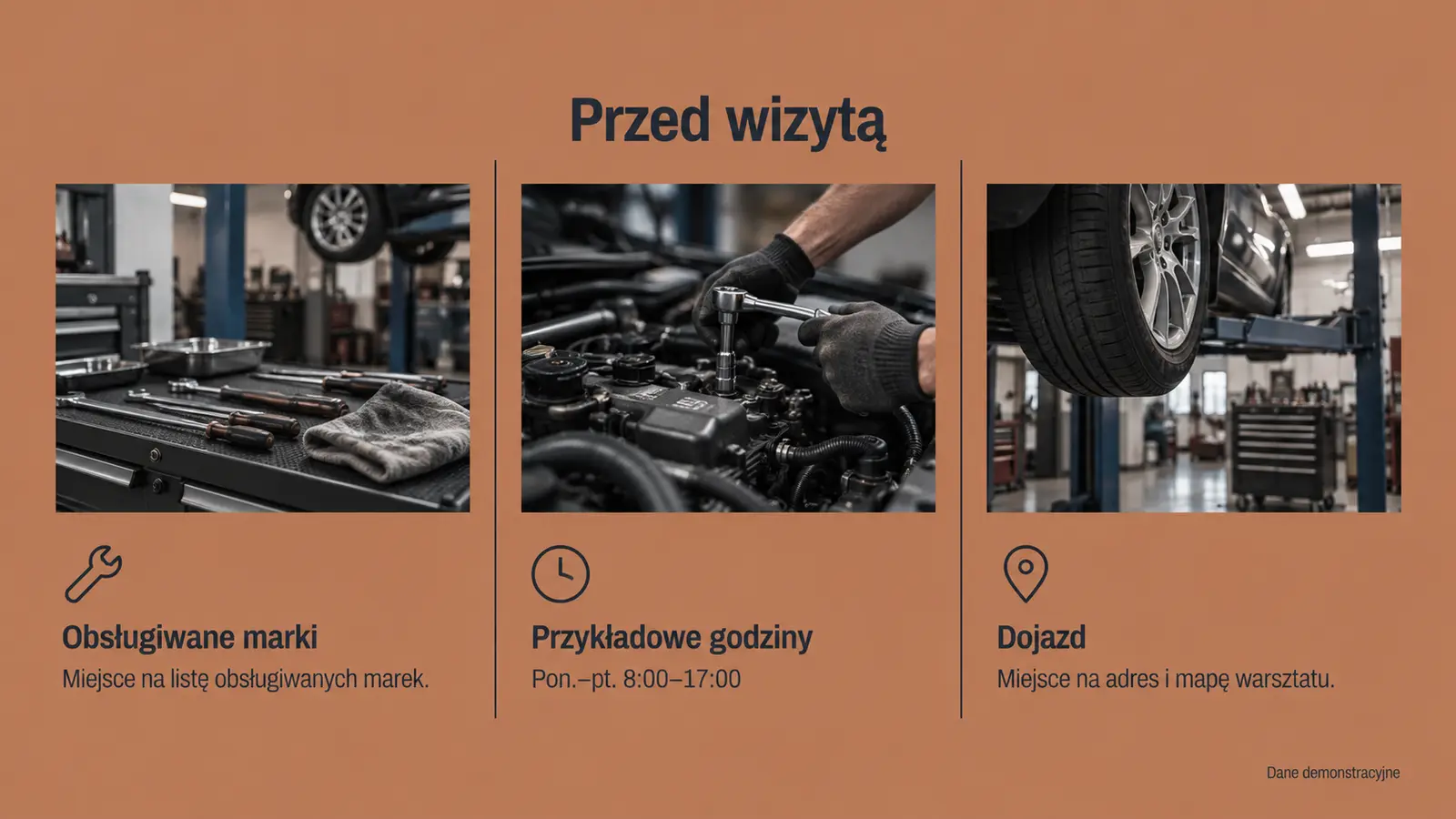 Projekt szablonu Galeria dla warsztatu samochodowego — sekcja Przed wizytą