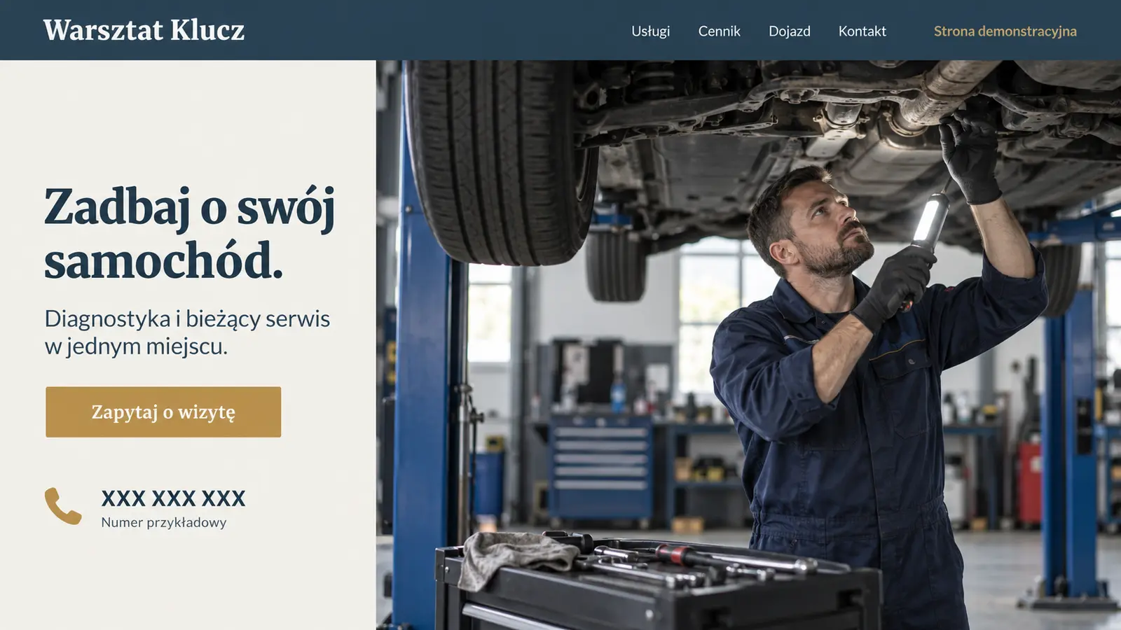Projekt szablonu Klasyczny dla warsztatu samochodowego — sekcja Warsztat