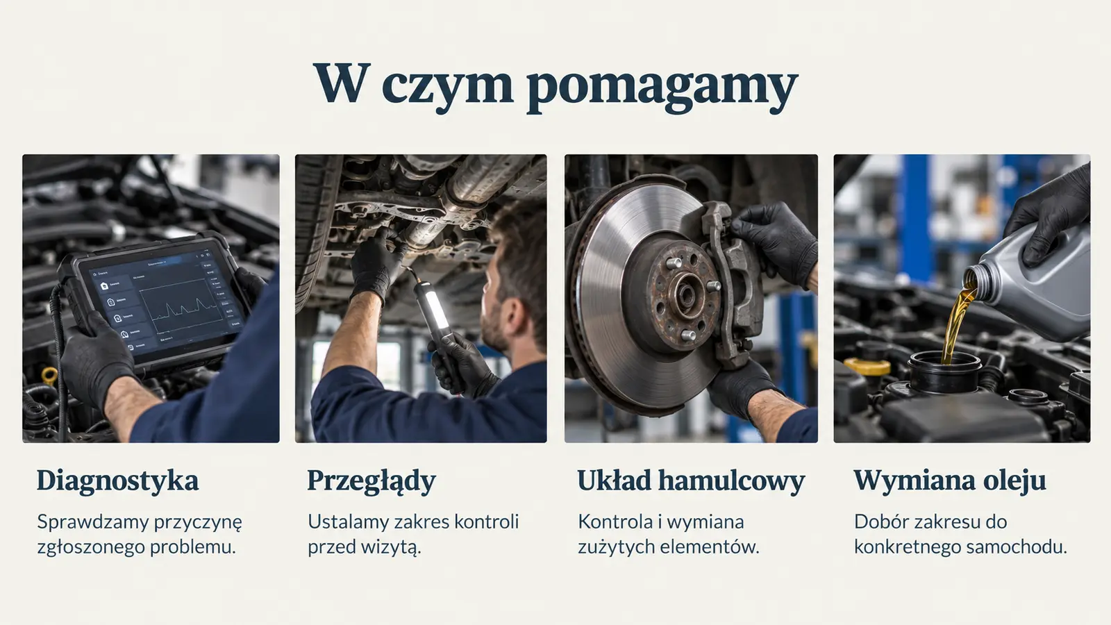 Projekt szablonu Klasyczny dla warsztatu samochodowego — sekcja Zakres usług