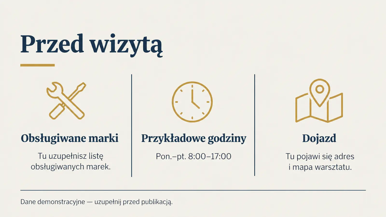 Projekt szablonu Klasyczny dla warsztatu samochodowego — sekcja Marki i dojazd