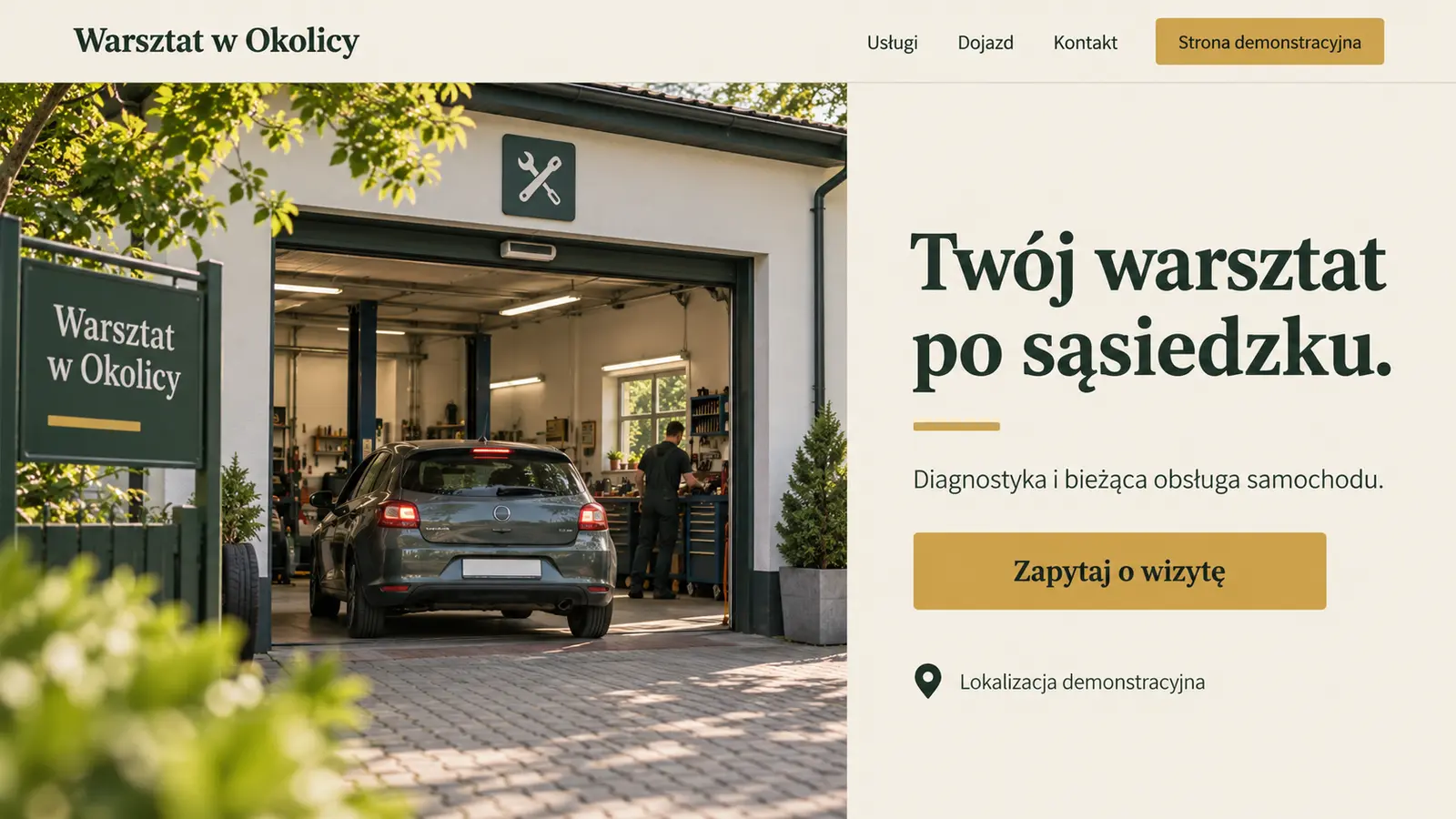 Projekt szablonu Lokalny dla warsztatu samochodowego — sekcja Warsztat w okolicy