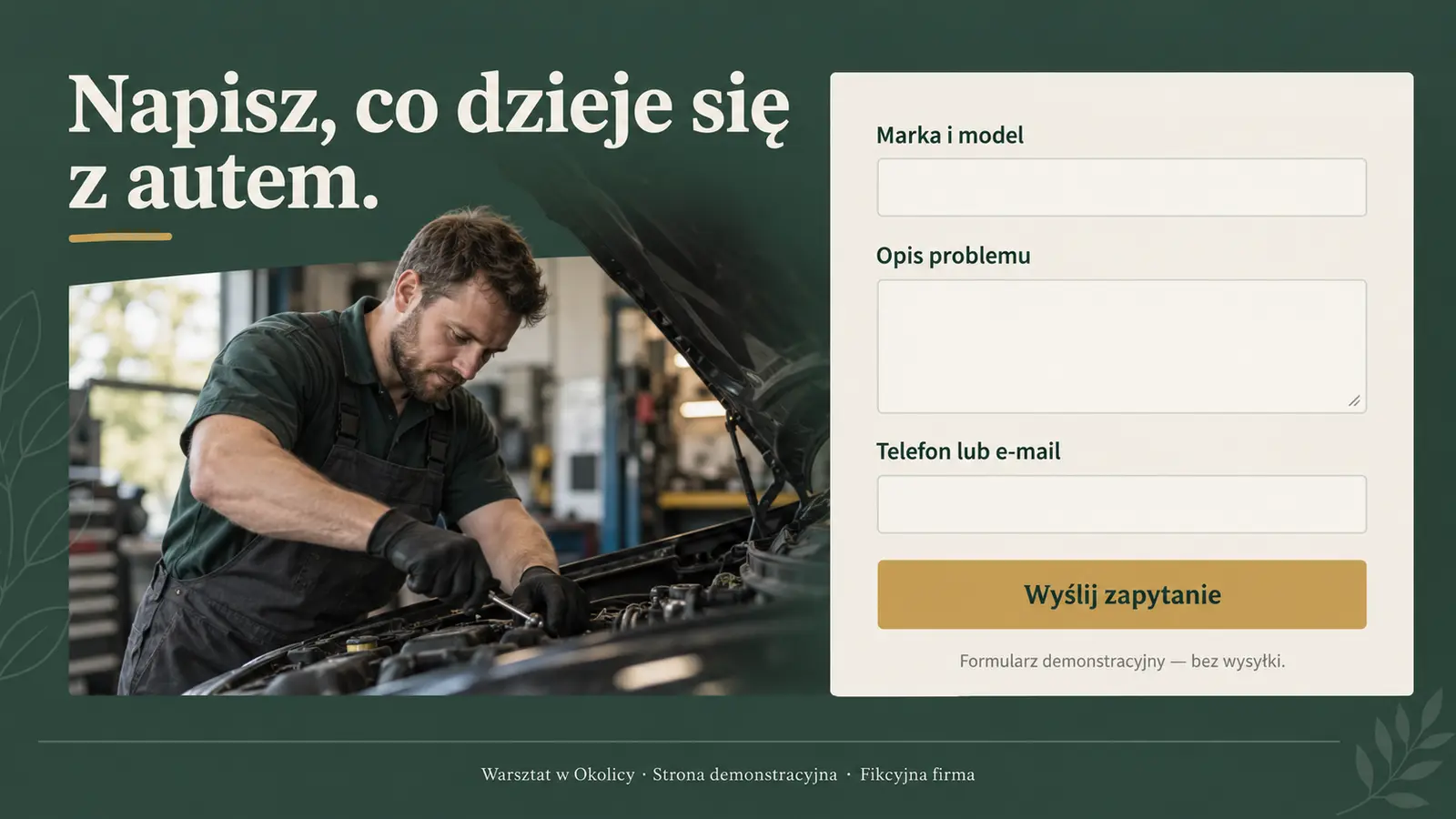 Projekt szablonu Lokalny dla warsztatu samochodowego — sekcja Kontakt