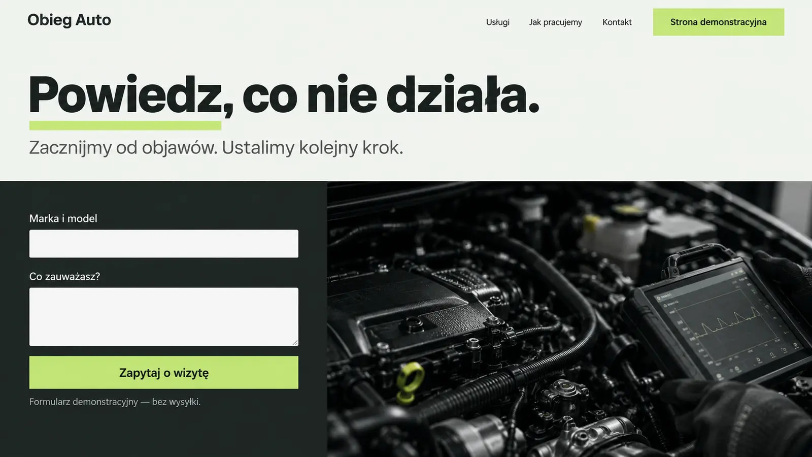 Projekt szablonu Nowoczesny dla warsztatu samochodowego — sekcja Zgłoszenie