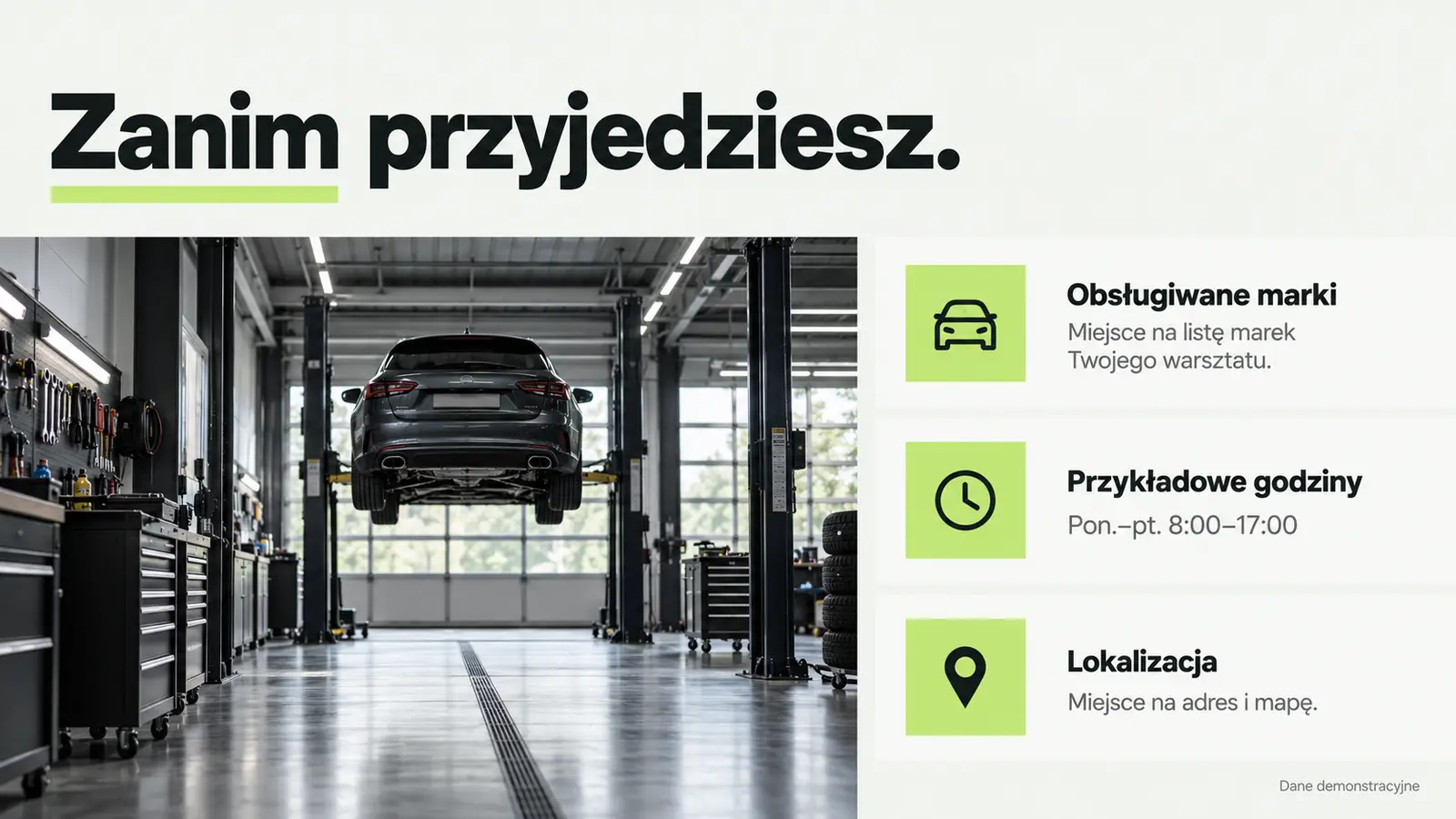 Projekt szablonu Nowoczesny dla warsztatu samochodowego — sekcja Przed przyjazdem