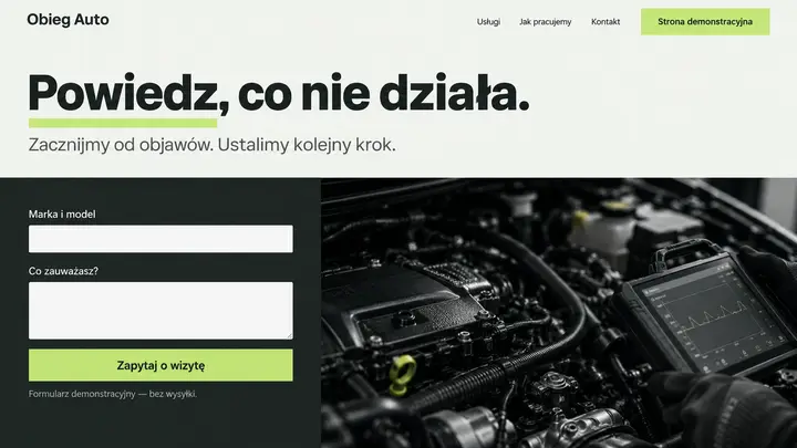 Projekt szablonu Nowoczesny dla branży Mechanik — pierwszy ekran