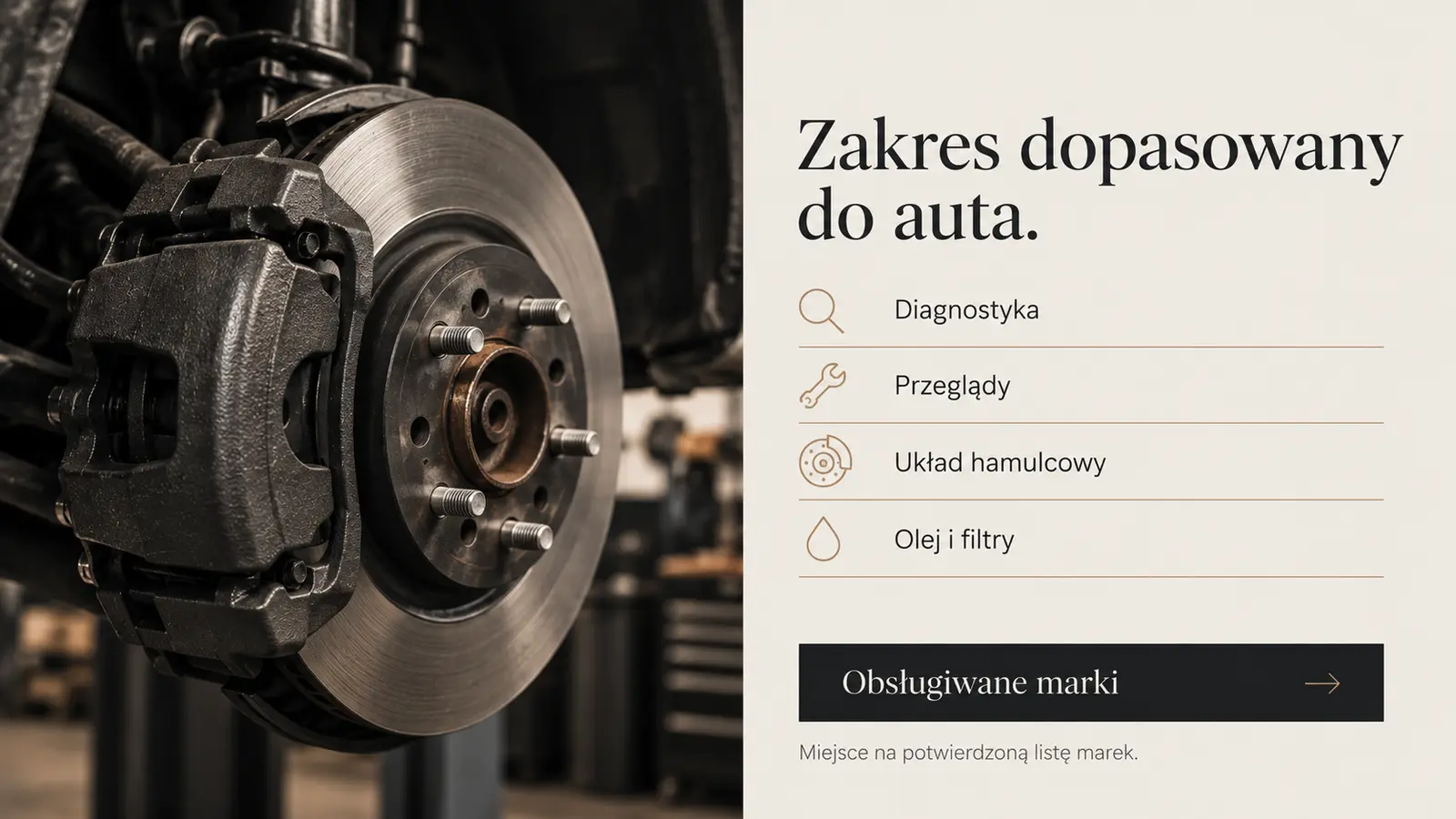 Projekt szablonu Premium dla warsztatu samochodowego — sekcja Zakres serwisu