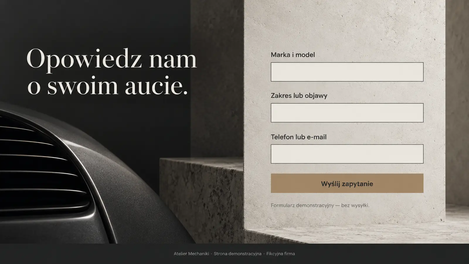 Projekt szablonu Premium dla warsztatu samochodowego — sekcja Zapytanie o serwis