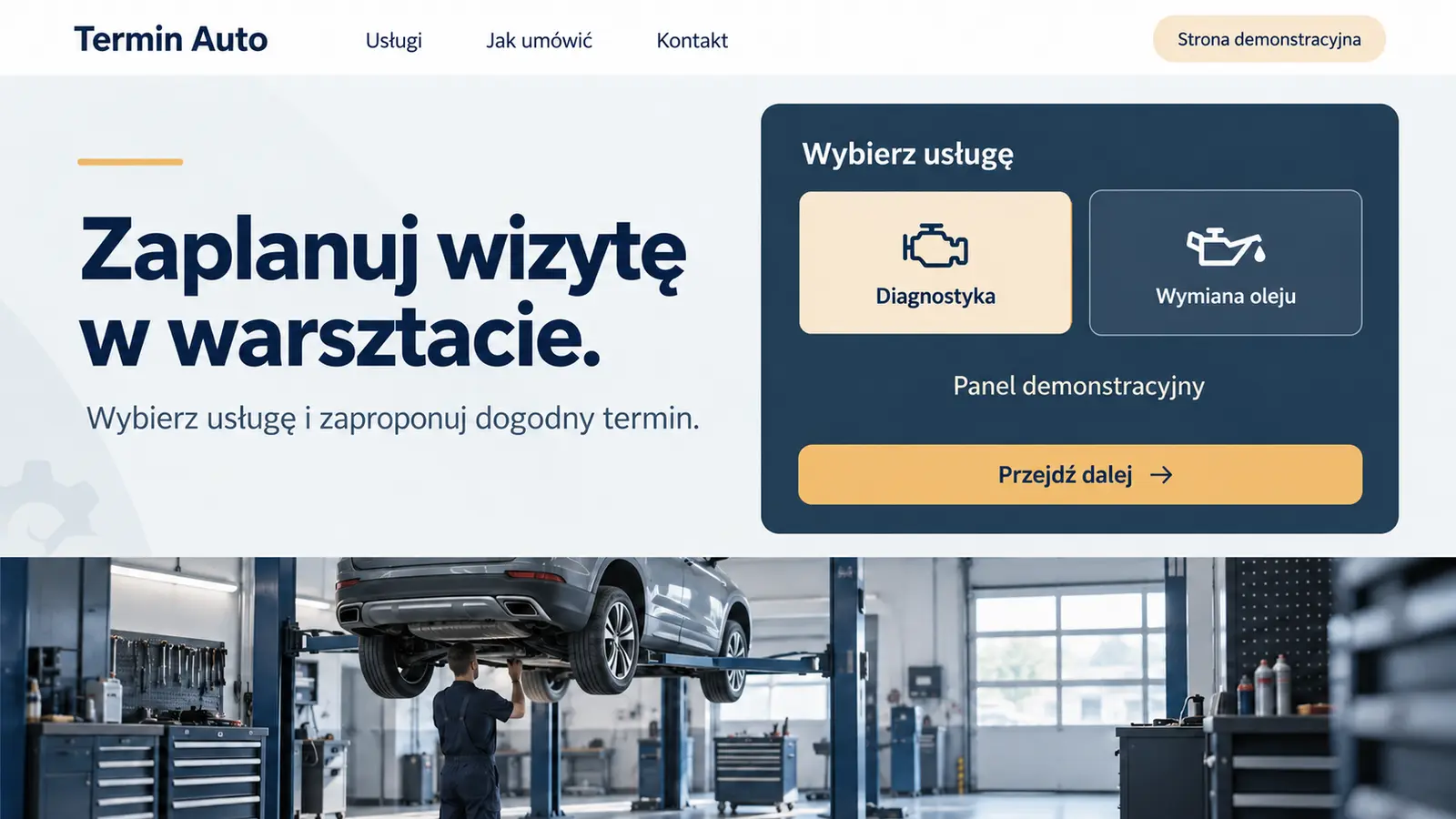 Projekt szablonu Rezerwacje dla warsztatu samochodowego — sekcja Planowanie wizyty