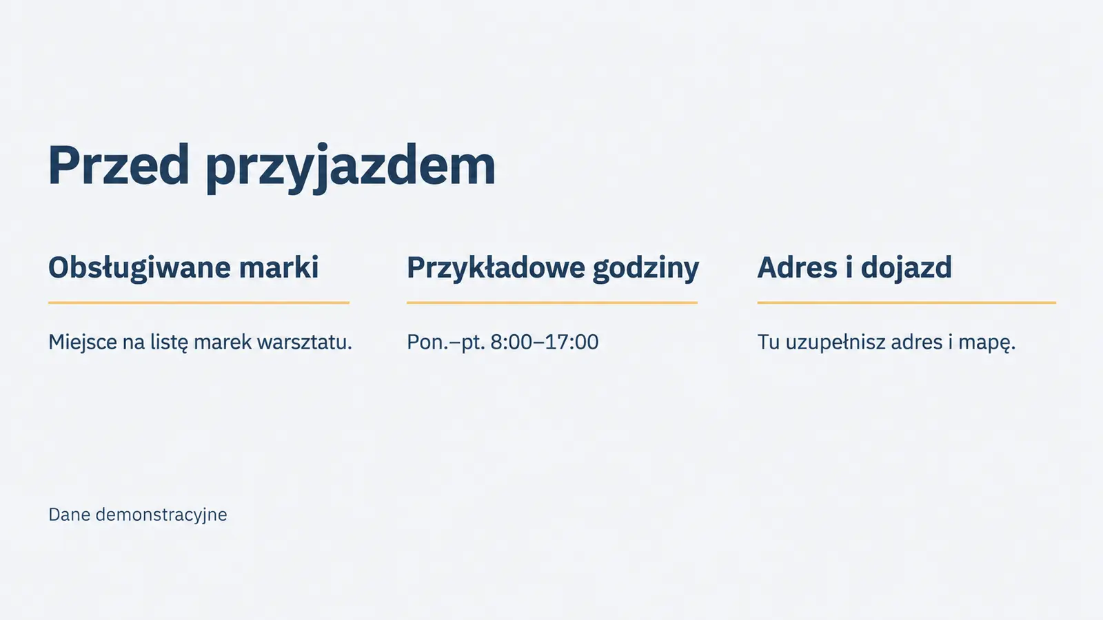Projekt szablonu Rezerwacje dla warsztatu samochodowego — sekcja Przed przyjazdem