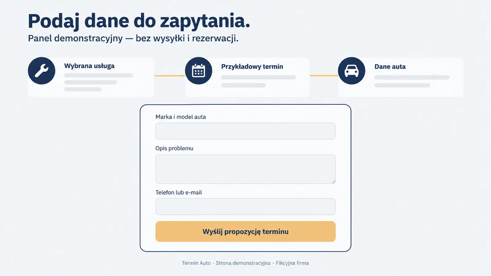 Projekt szablonu Rezerwacje dla warsztatu samochodowego — sekcja Dane do zapytania
