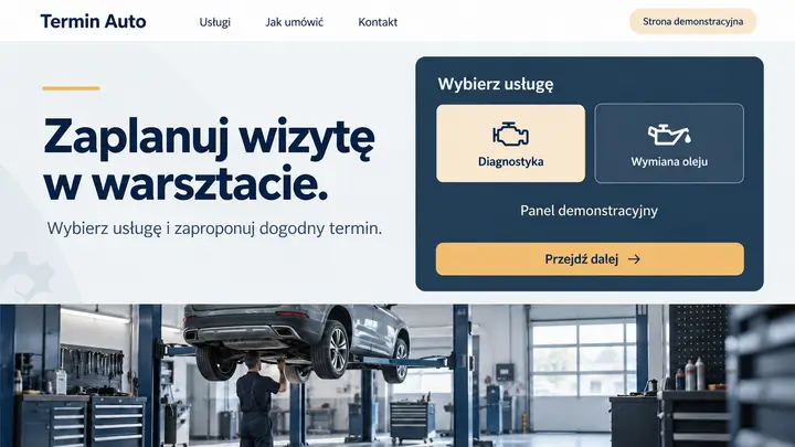 Projekt szablonu Rezerwacje dla branży Mechanik — pierwszy ekran