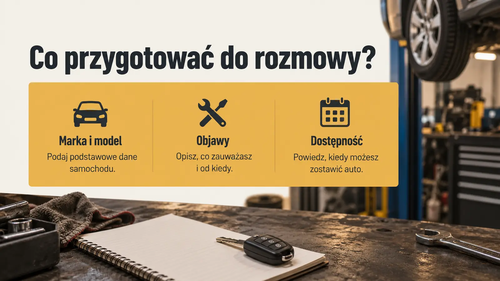 Projekt szablonu Szybki kontakt dla warsztatu samochodowego — sekcja Informacje do zgłoszenia