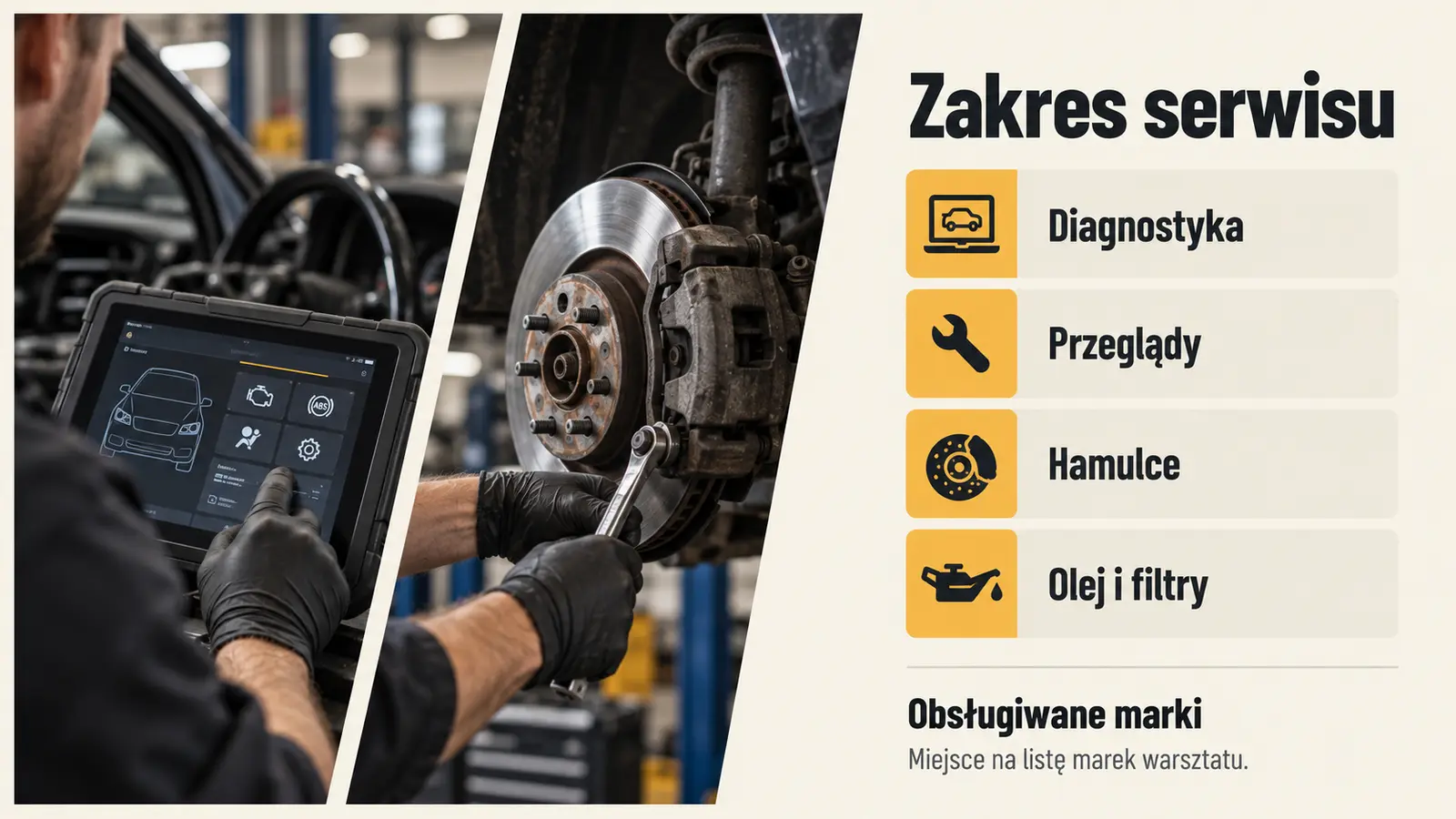 Projekt szablonu Szybki kontakt dla warsztatu samochodowego — sekcja Zakres pomocy
