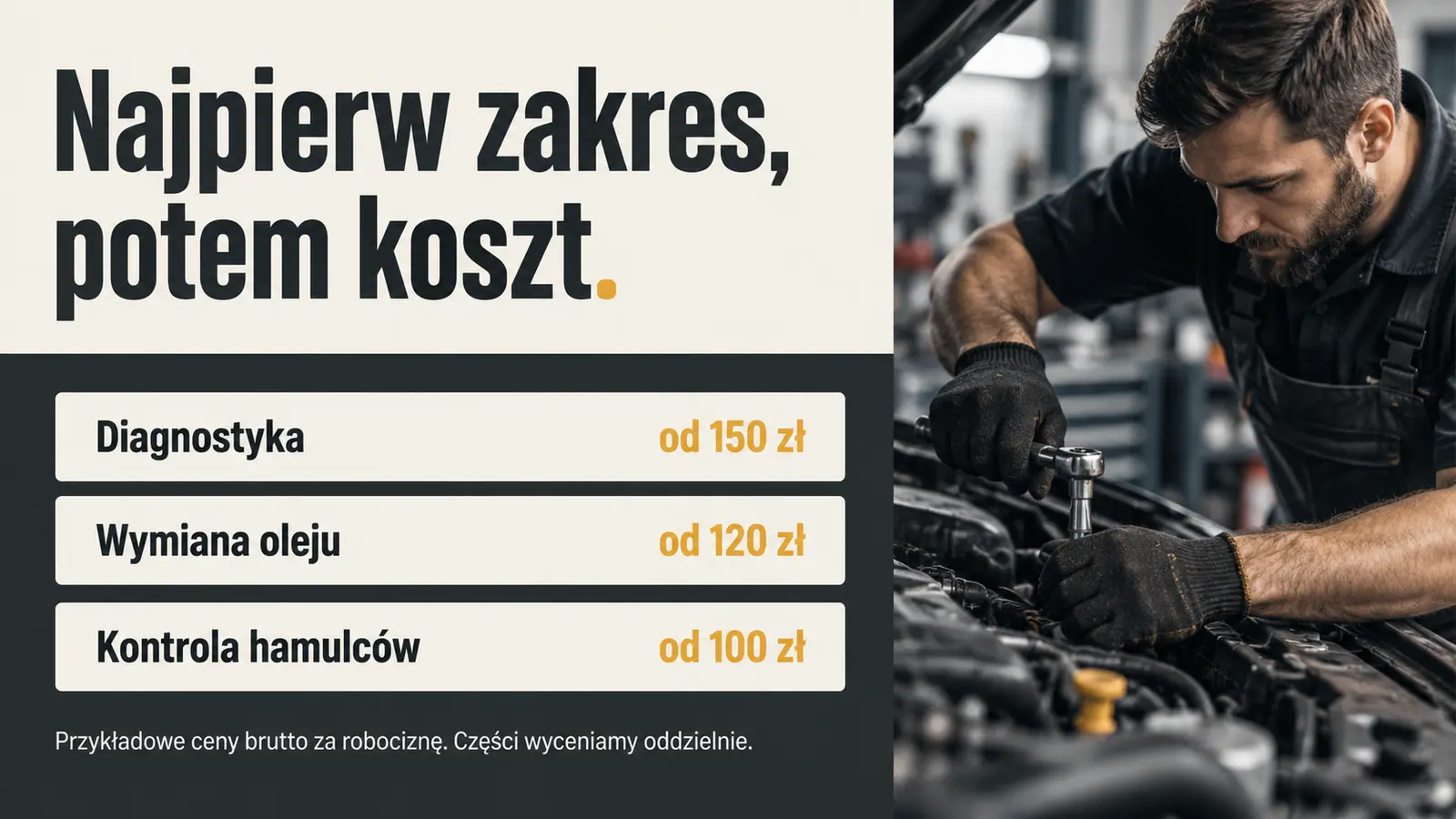 Projekt szablonu Szybki kontakt dla warsztatu samochodowego — sekcja Koszty
