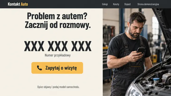 Projekt szablonu Szybki kontakt dla branży Mechanik — pierwszy ekran