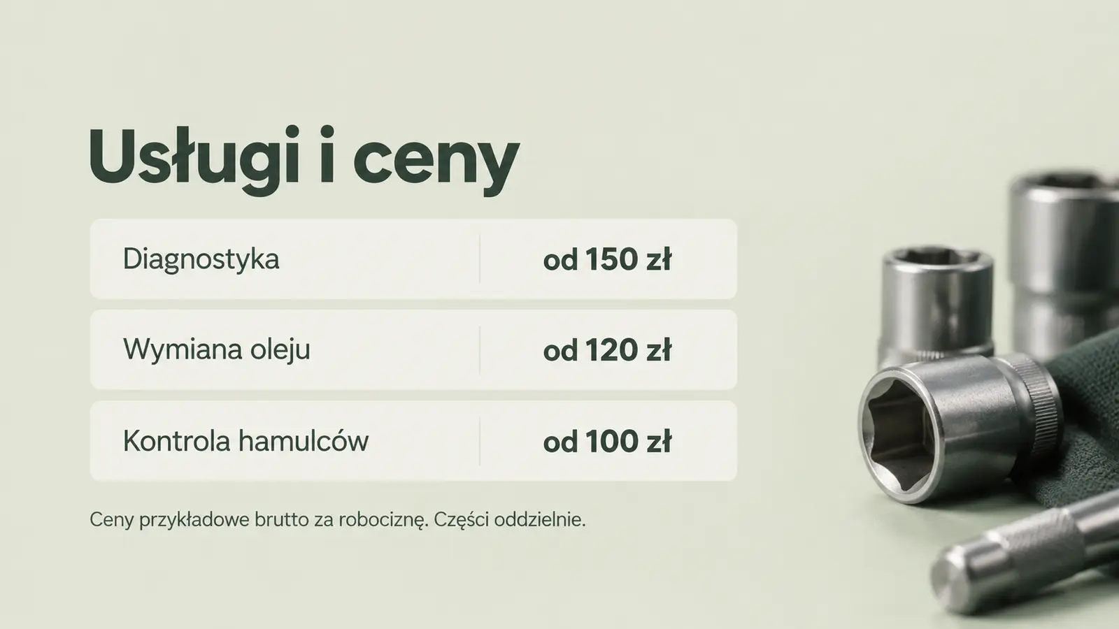 Projekt szablonu Wizytówka dla warsztatu samochodowego — sekcja Usługi i ceny
