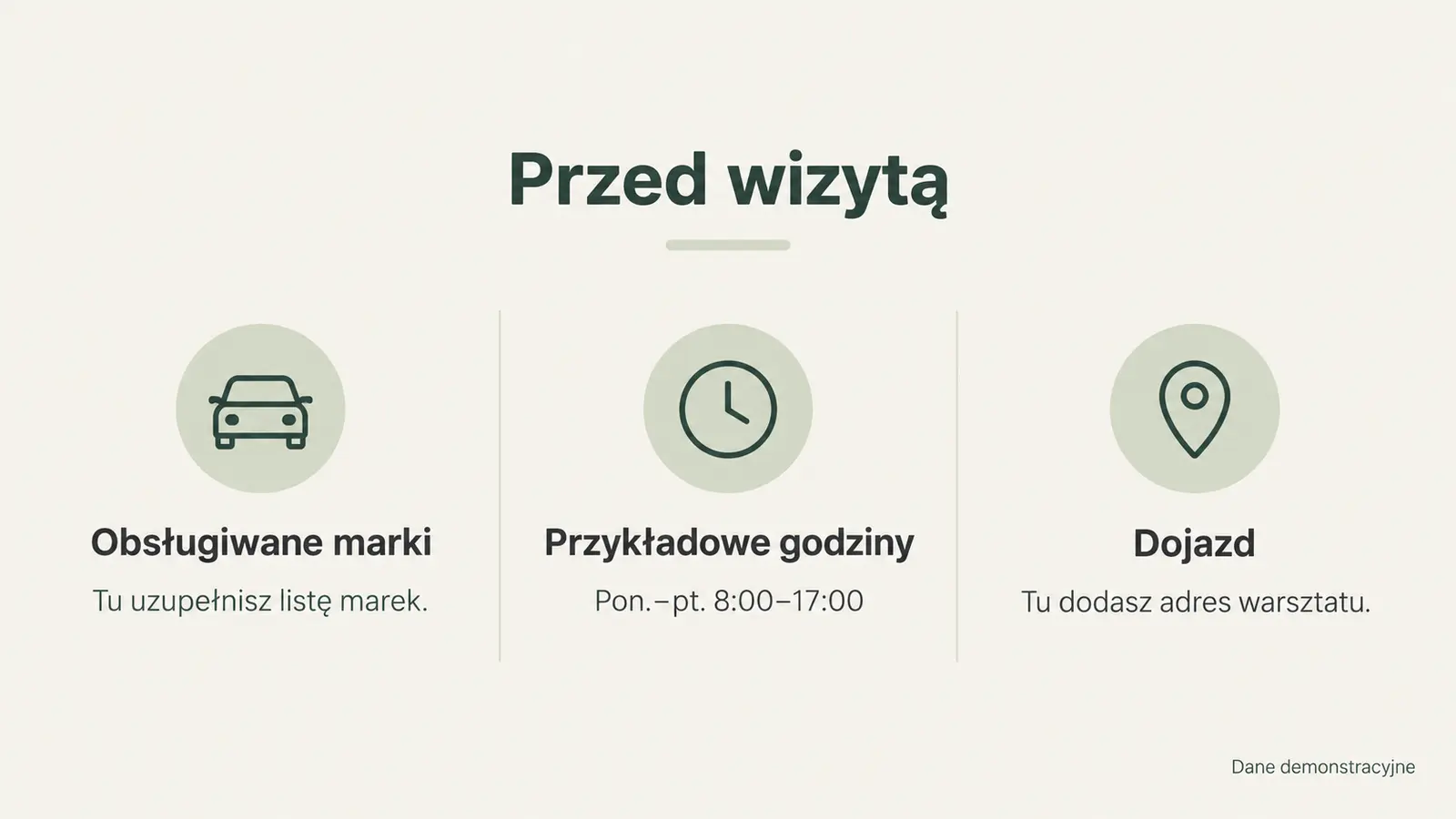 Projekt szablonu Wizytówka dla warsztatu samochodowego — sekcja Przed wizytą