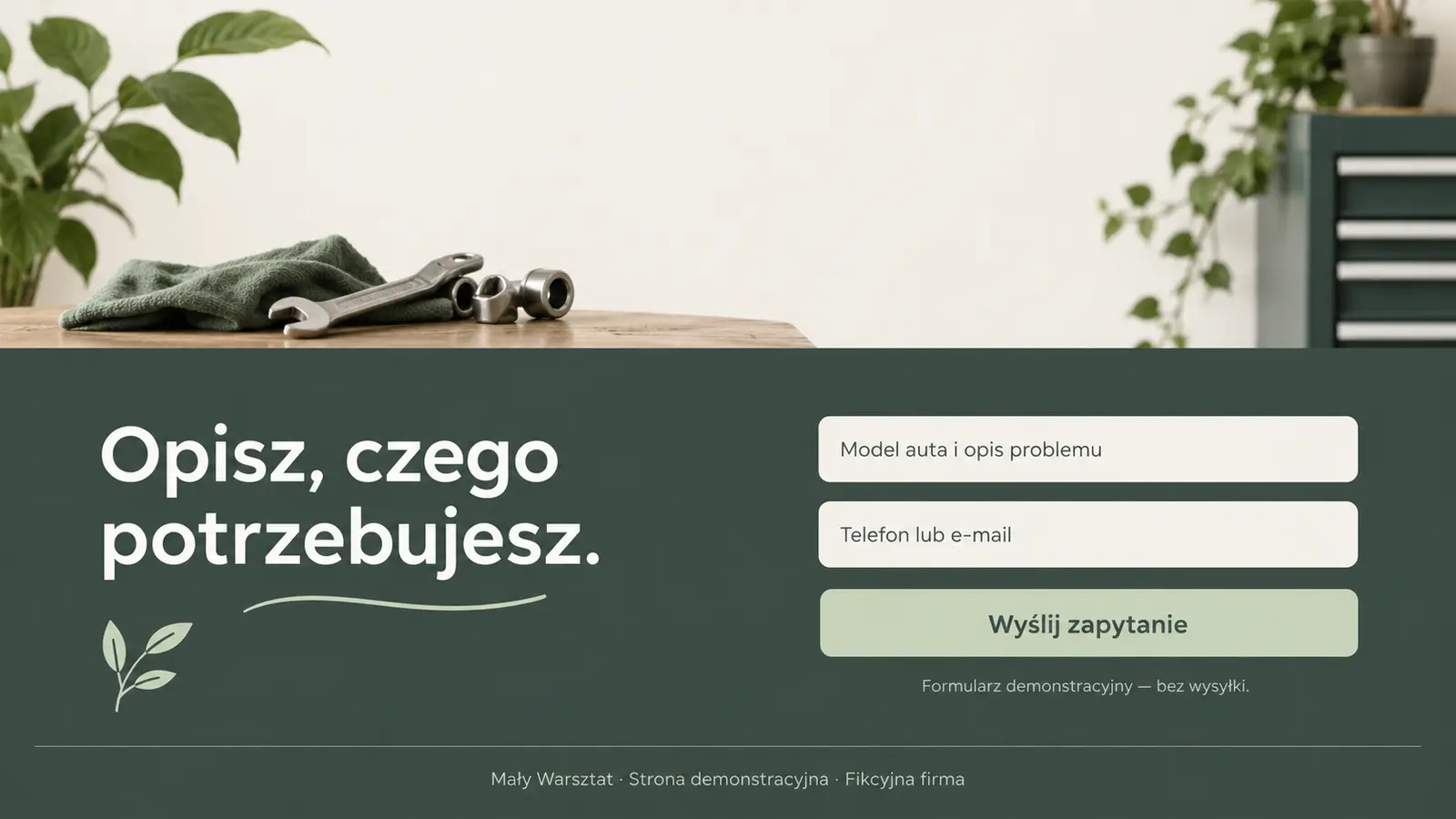 Projekt szablonu Wizytówka dla warsztatu samochodowego — sekcja Kontakt
