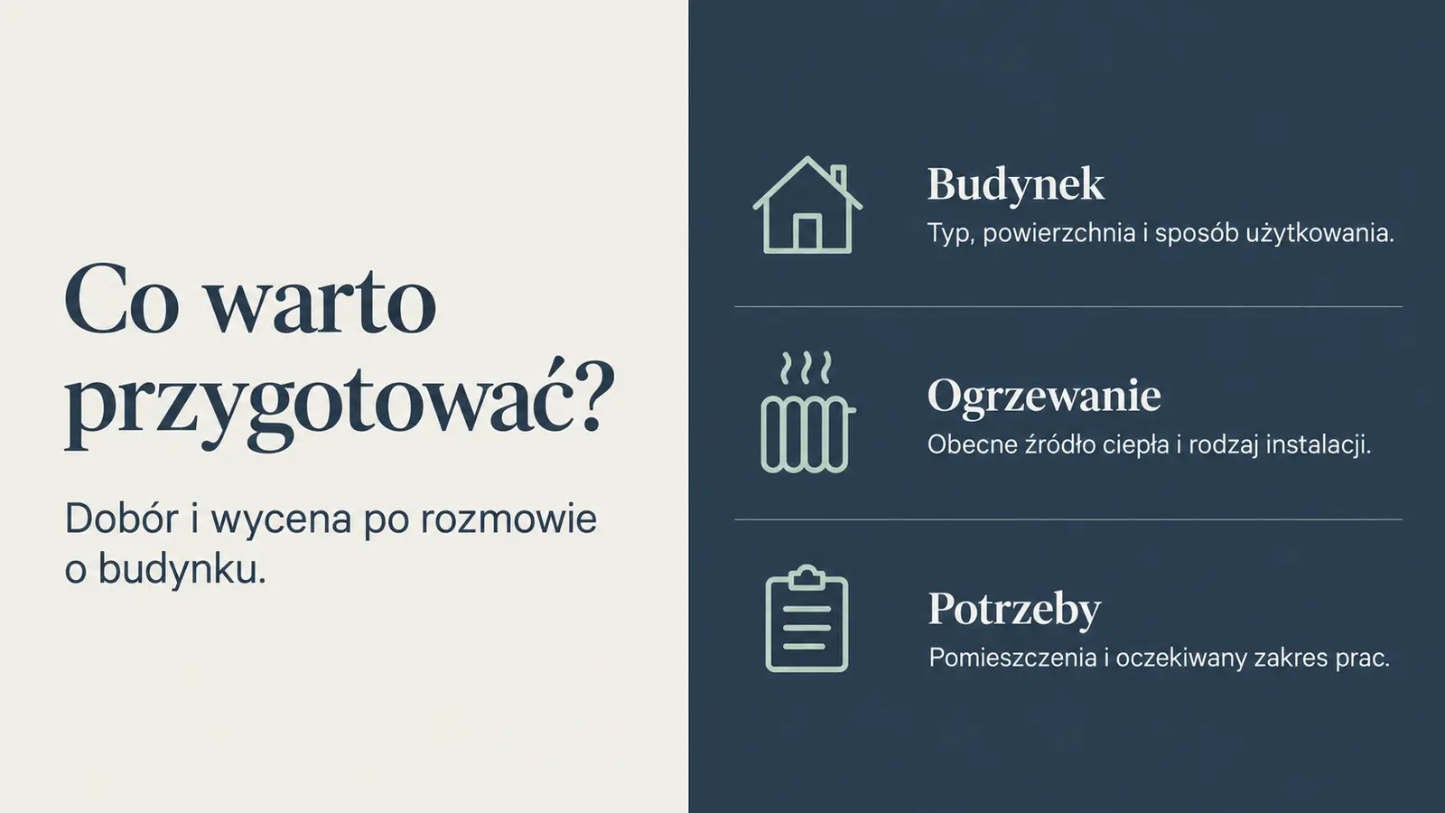 Projekt szablonu Ekspert dla instalatora pomp ciepła — sekcja Przygotowanie do rozmowy