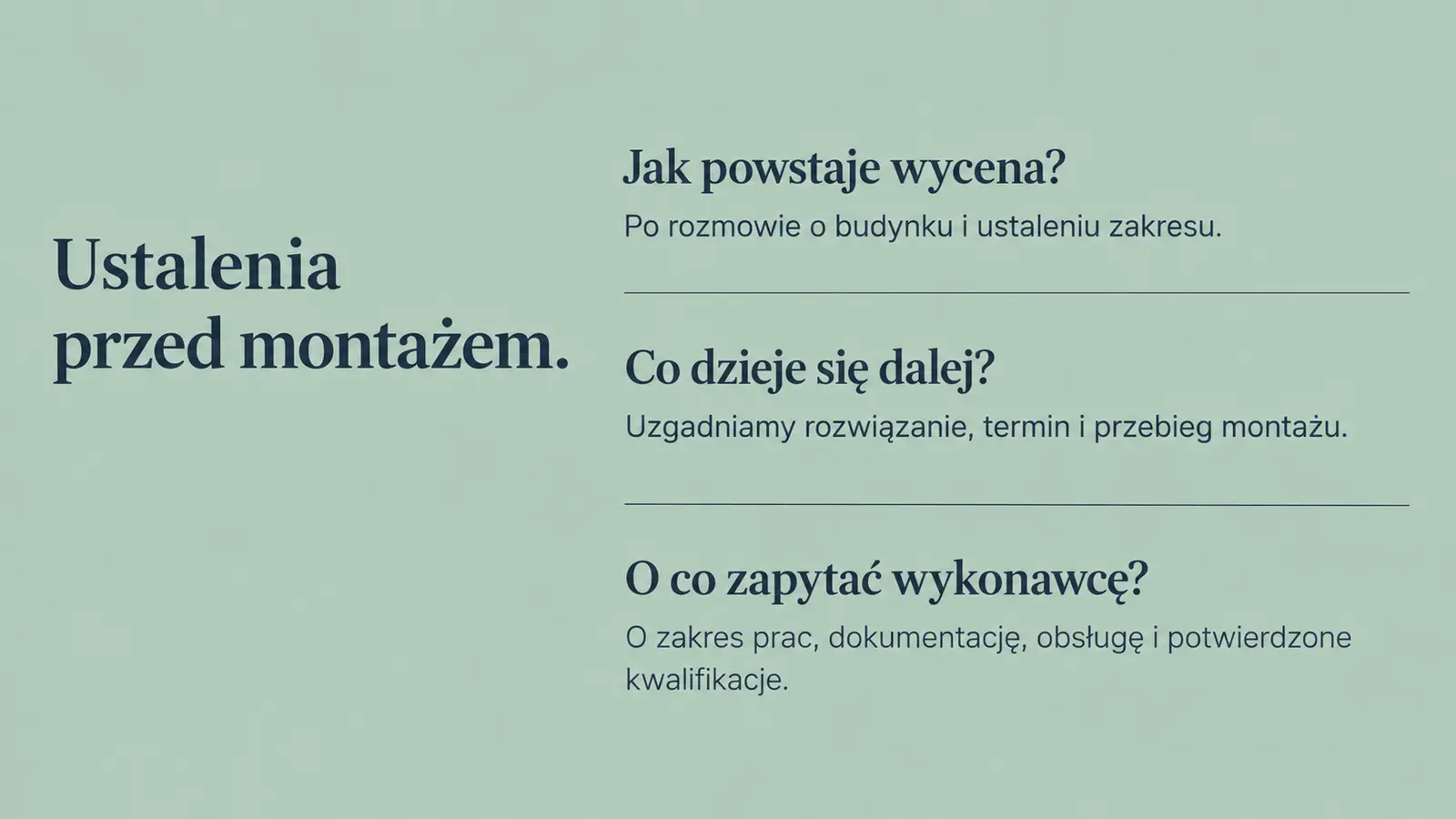 Projekt szablonu Ekspert dla instalatora pomp ciepła — sekcja Pytania i przebieg