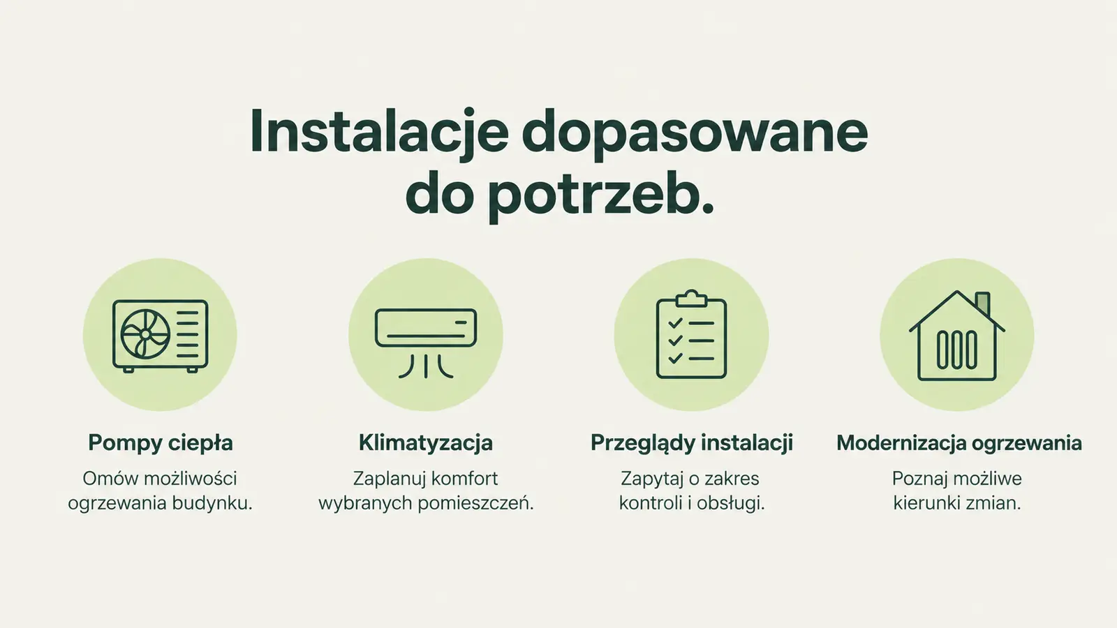 Projekt szablonu Klasyczny dla instalatora pomp ciepła — sekcja Zakres usług