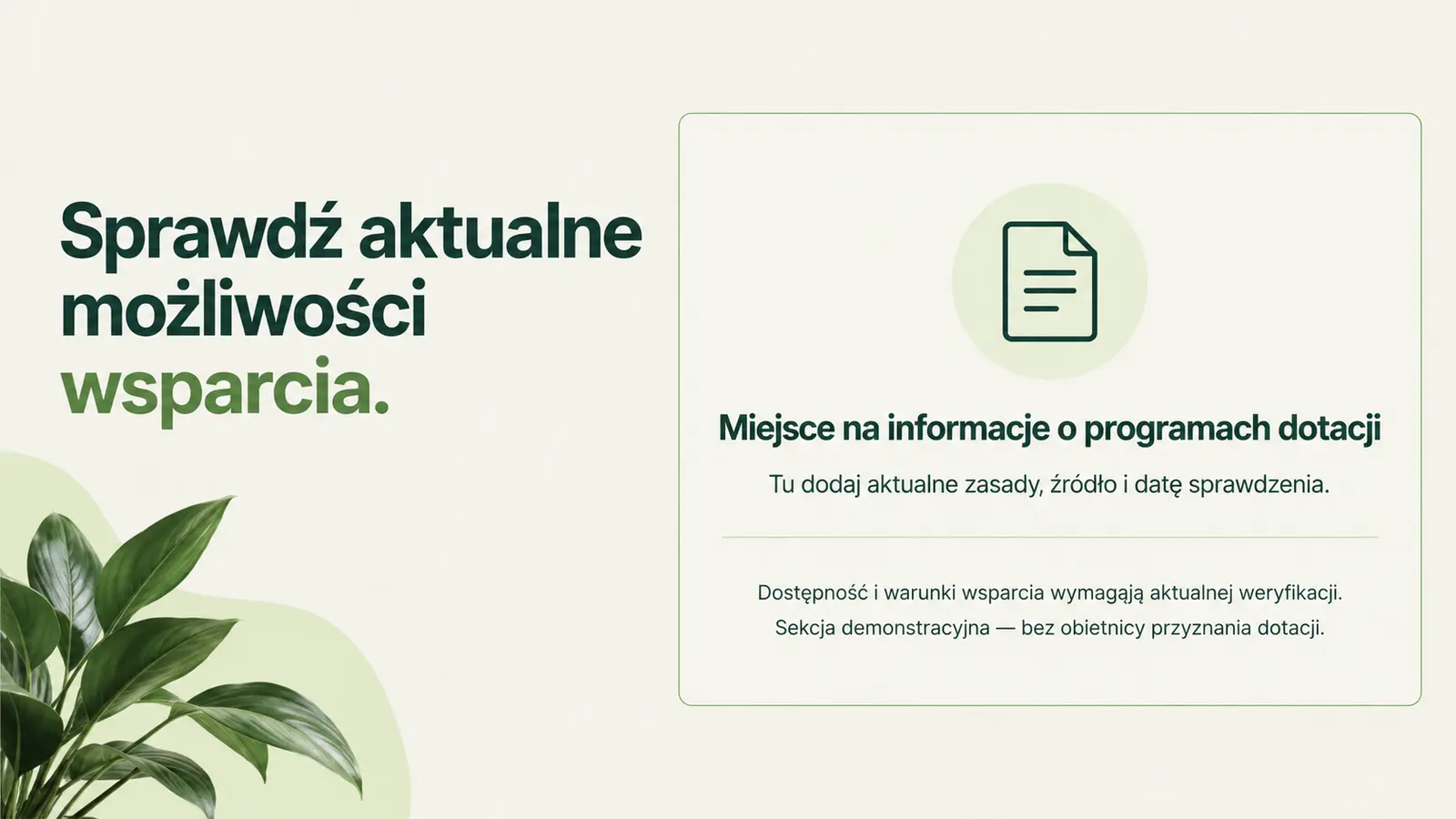 Projekt szablonu Klasyczny dla instalatora pomp ciepła — sekcja Informacje o dotacjach