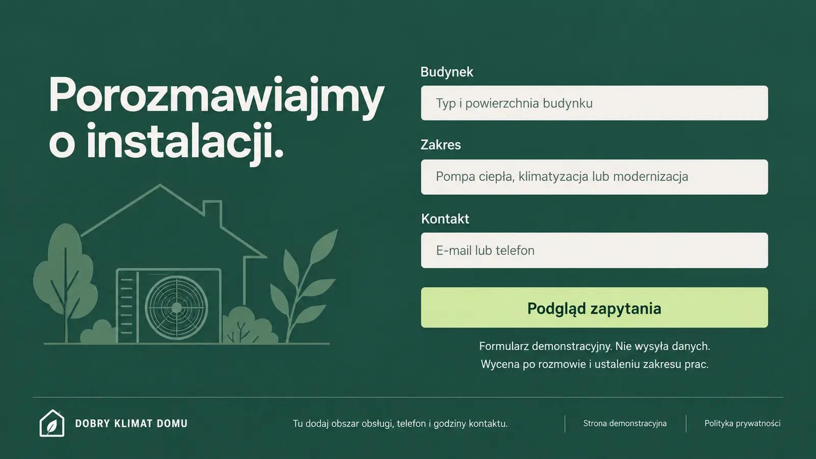 Projekt szablonu Klasyczny dla instalatora pomp ciepła — sekcja Zapytanie o wycenę