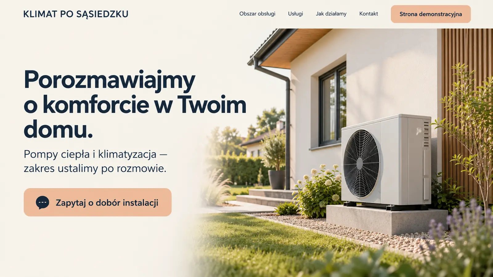Projekt szablonu Lokalny dla instalatora pomp ciepła — sekcja Lokalne powitanie