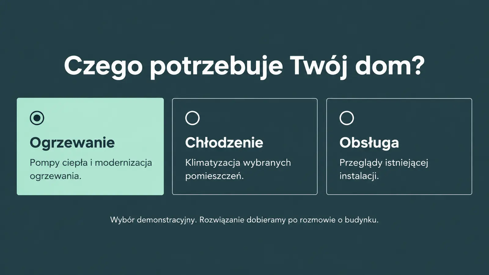 Projekt szablonu Nowoczesny dla instalatora pomp ciepła — sekcja Wybór potrzeby
