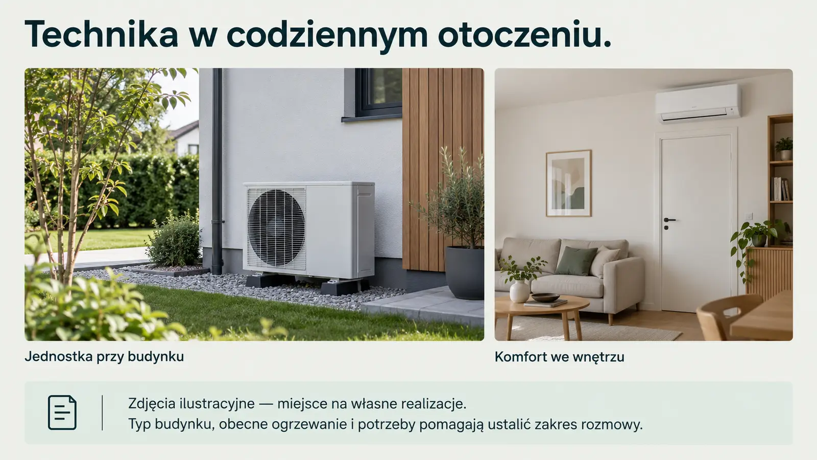 Projekt szablonu Nowoczesny dla instalatora pomp ciepła — sekcja Instalacja w przestrzeni