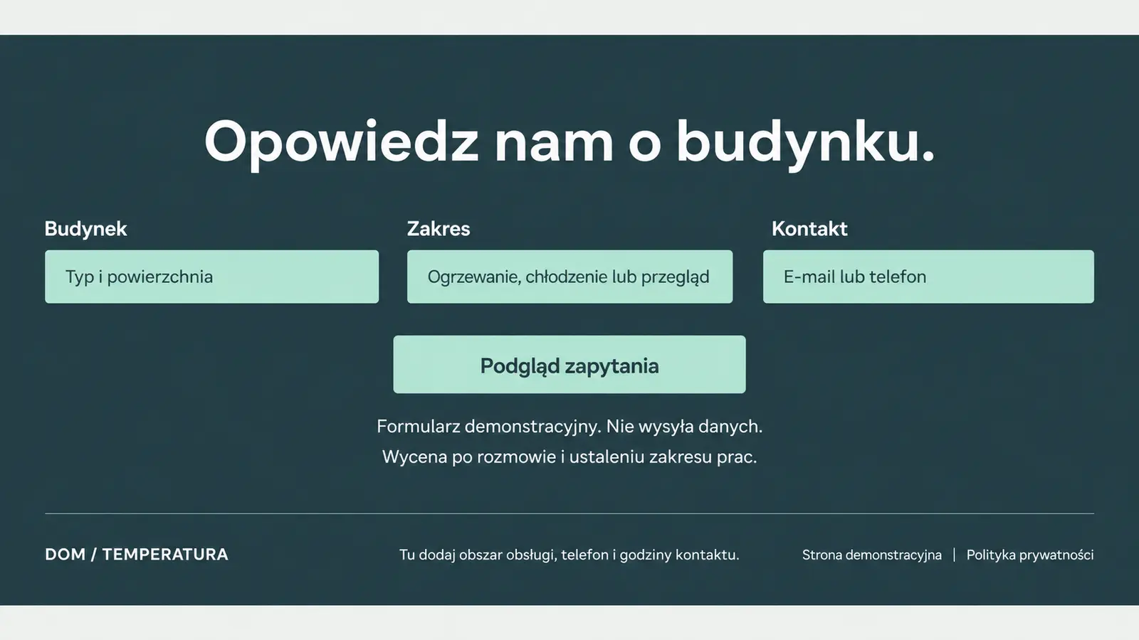Projekt szablonu Nowoczesny dla instalatora pomp ciepła — sekcja Zapytanie