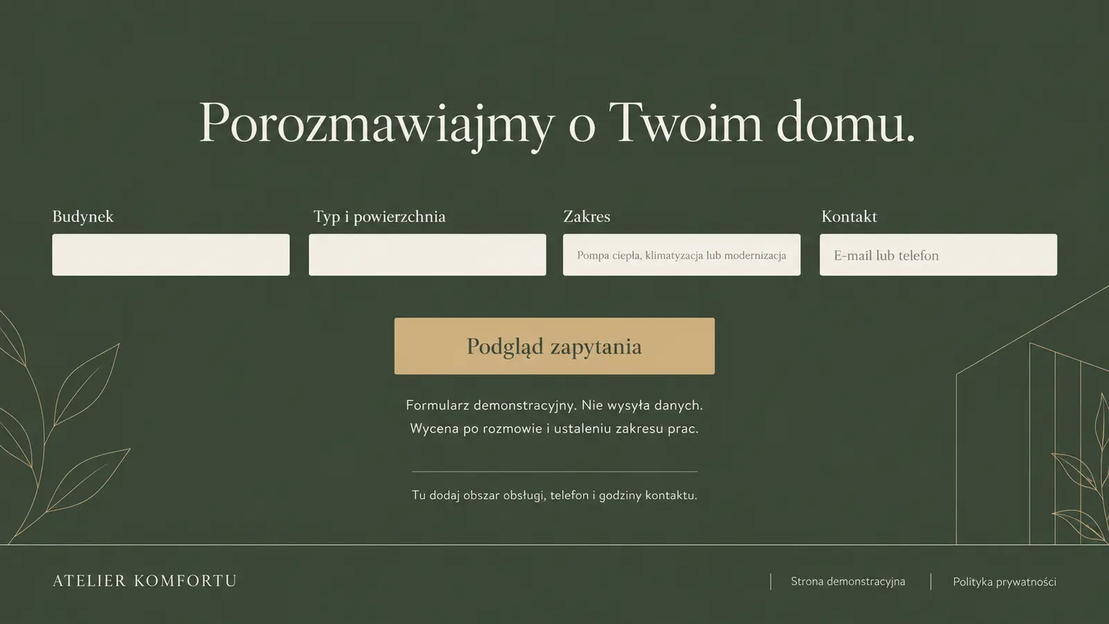Projekt szablonu Premium dla instalatora pomp ciepła — sekcja Rozmowa o projekcie