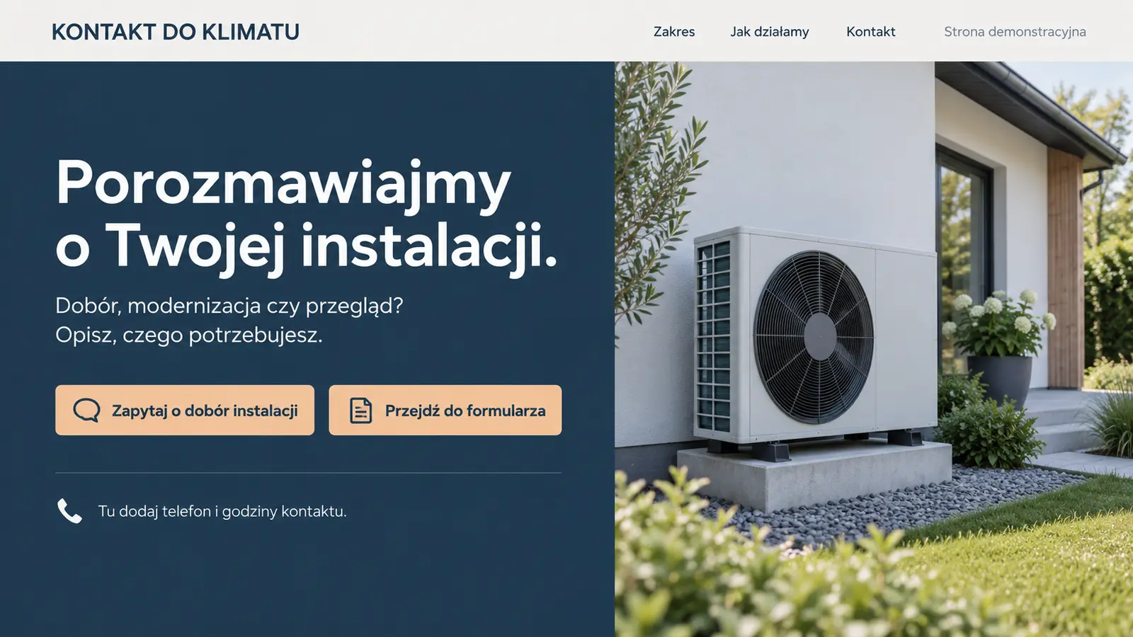 Projekt szablonu Szybki kontakt dla instalatora pomp ciepła — sekcja Kontakt od razu