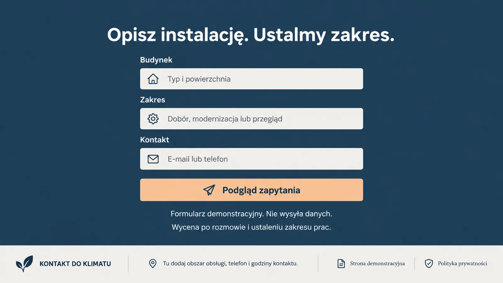 Projekt szablonu Szybki kontakt dla instalatora pomp ciepła — sekcja Formularz wyceny
