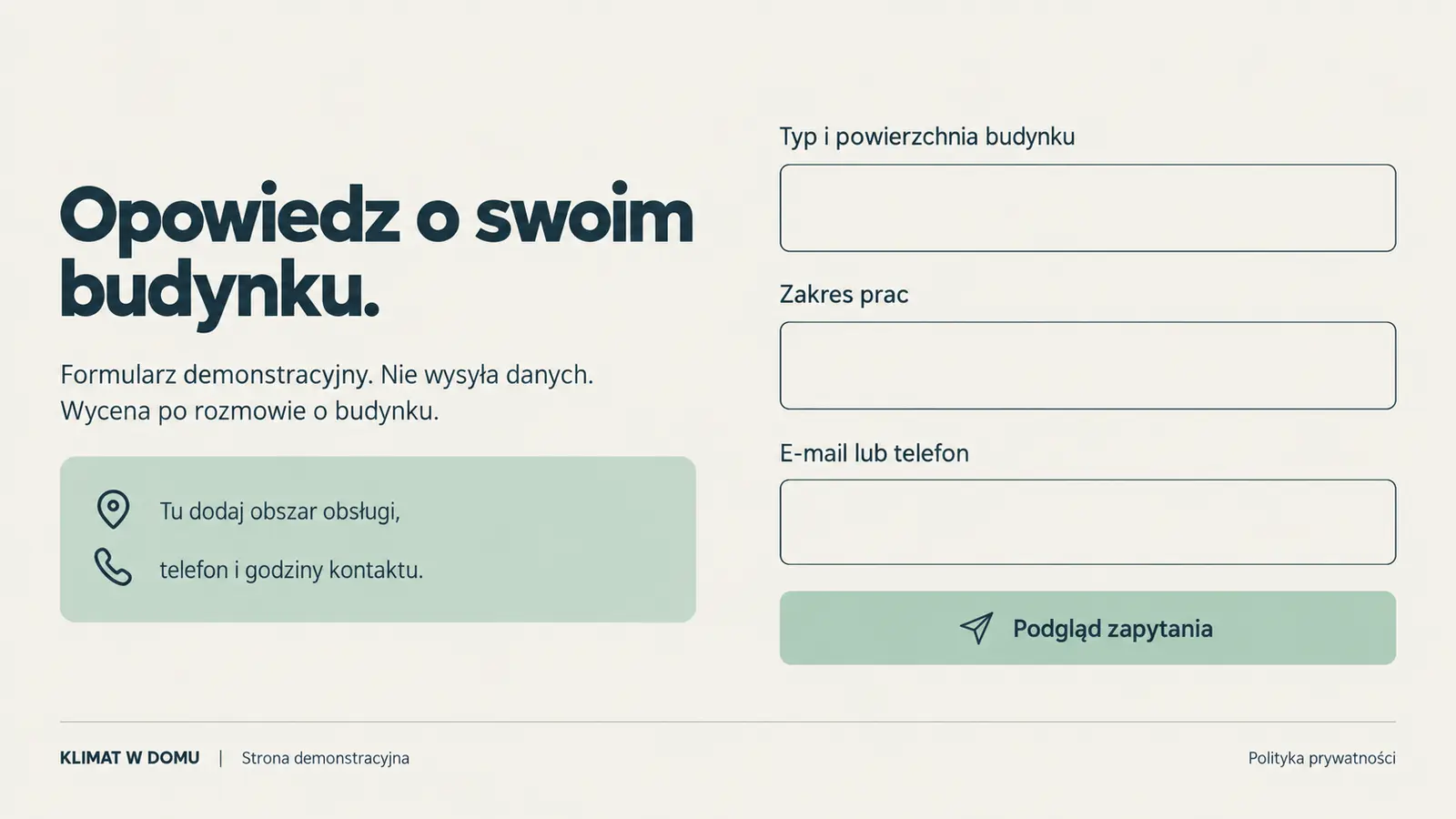 Projekt szablonu Wizytówka dla instalatora pomp ciepła — sekcja Zapytanie i stopka