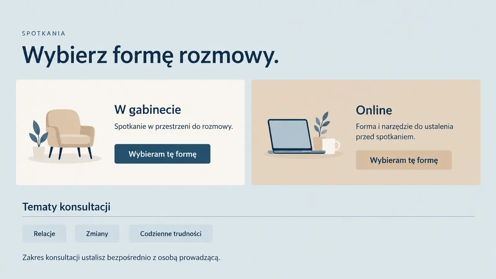 Projekt szablonu Klasyczny dla psychologa — sekcja Formy i tematy spotkań