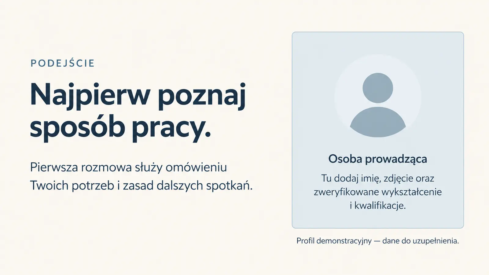 Projekt szablonu Klasyczny dla psychologa — sekcja Podejście i kwalifikacje