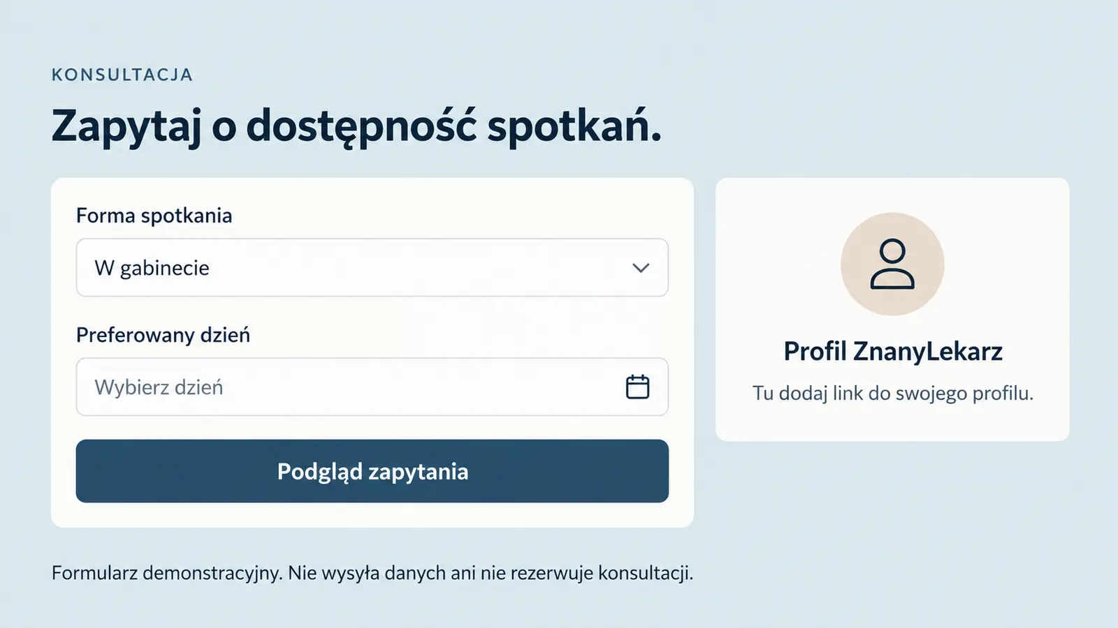 Projekt szablonu Klasyczny dla psychologa — sekcja Zapytanie i miejsce na ZnanyLekarz