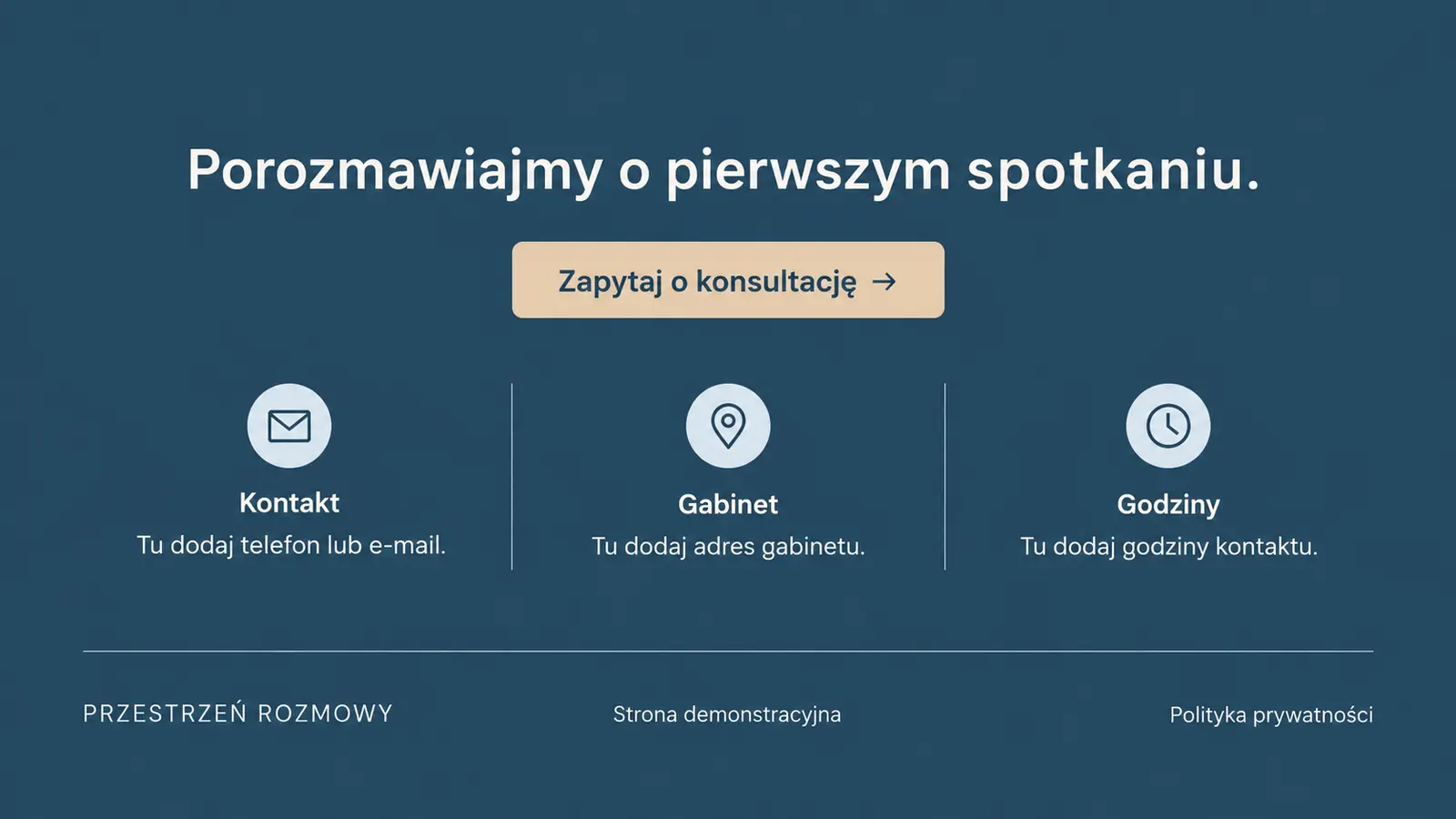 Projekt szablonu Klasyczny dla psychologa — sekcja Kontakt i praktyczne informacje