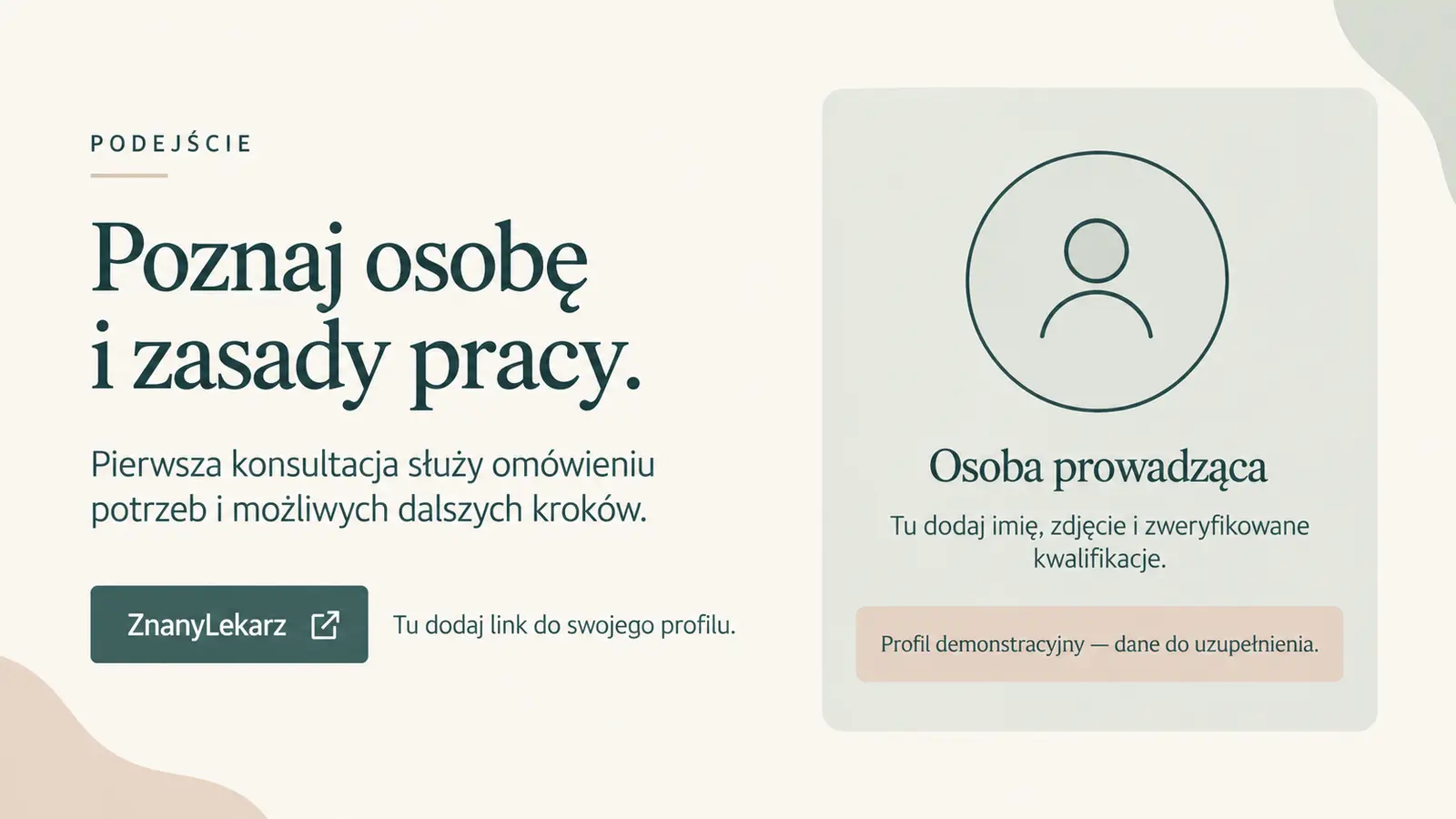 Projekt szablonu Lokalny dla psychologa — sekcja Podejście i zweryfikowany profil