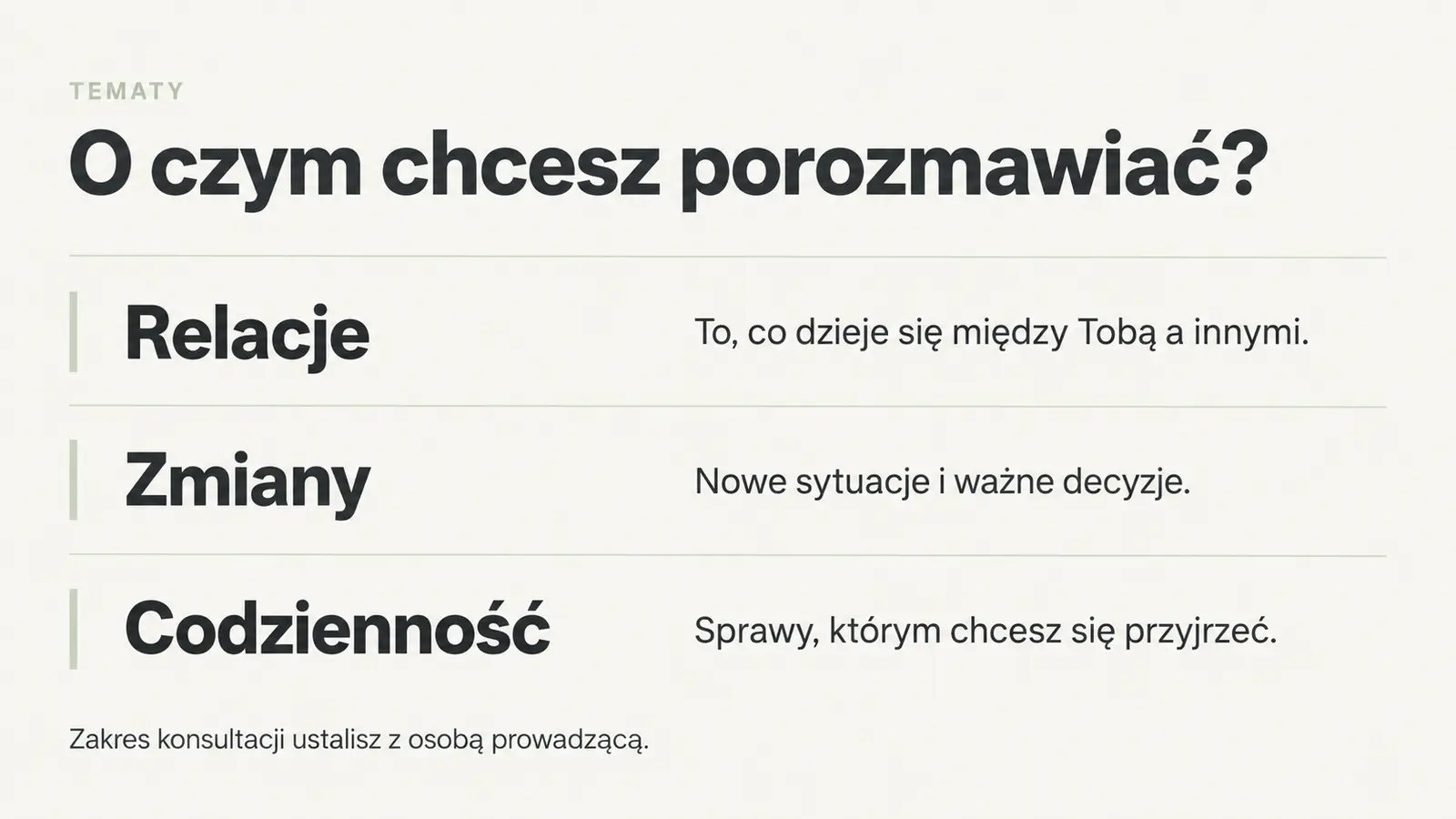 Projekt szablonu Nowoczesny dla psychologa — sekcja Tematy rozmowy