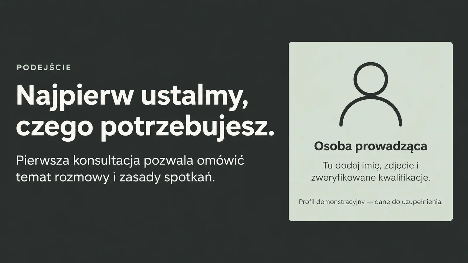 Projekt szablonu Nowoczesny dla psychologa — sekcja Podejście i dane prowadzącego