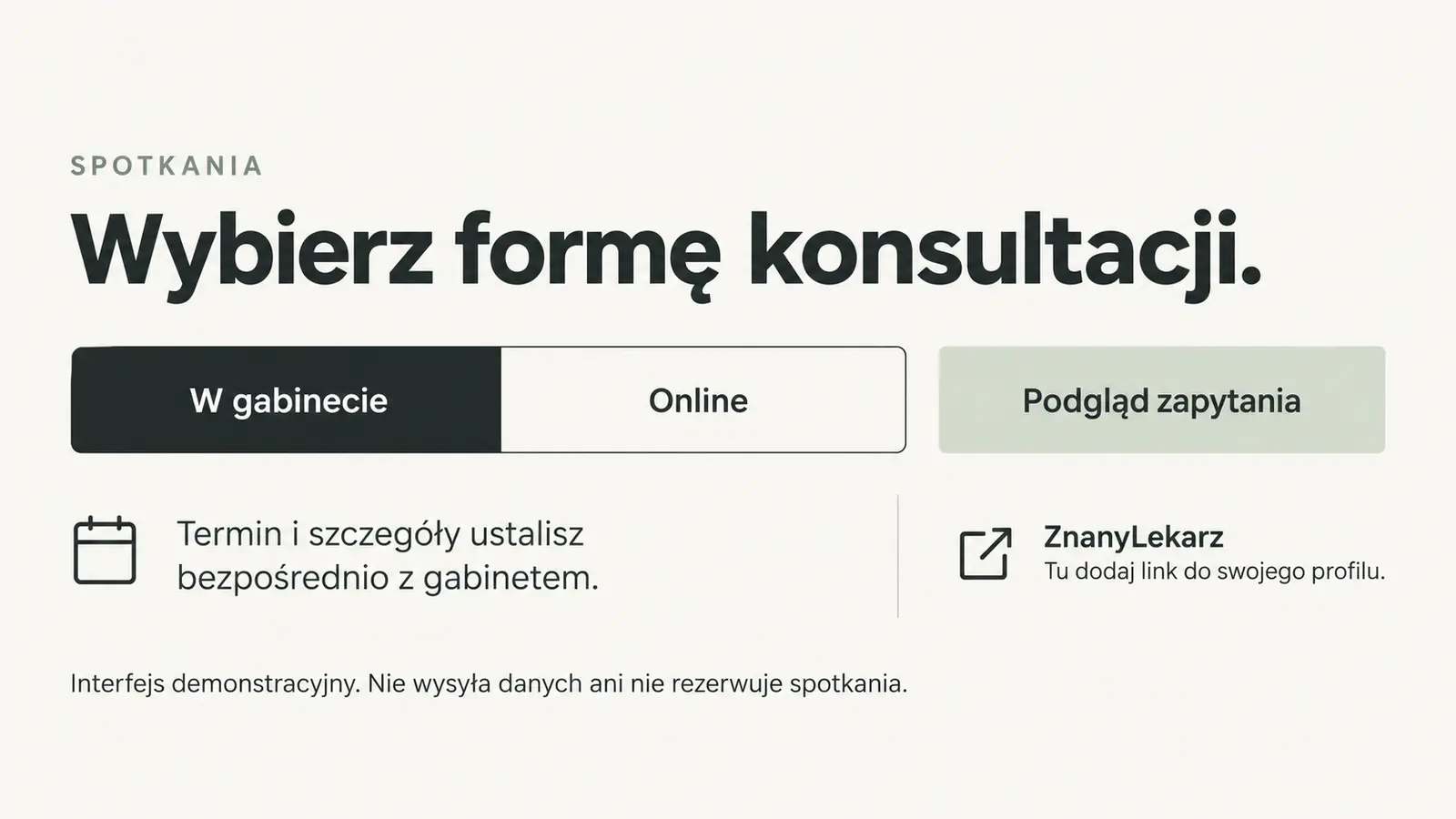 Projekt szablonu Nowoczesny dla psychologa — sekcja Forma spotkania i profil