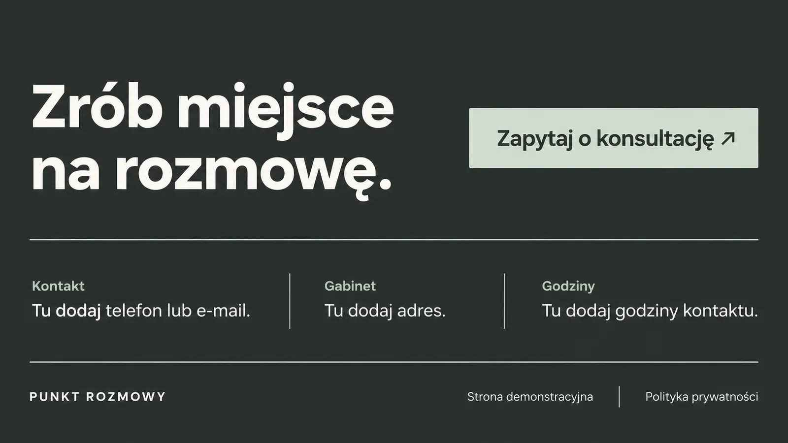 Projekt szablonu Nowoczesny dla psychologa — sekcja Kontakt i stopka