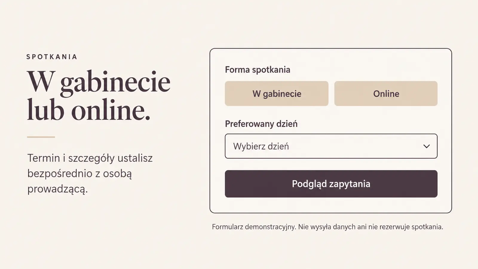 Projekt szablonu Premium dla psychologa — sekcja Forma spotkania i zapytanie