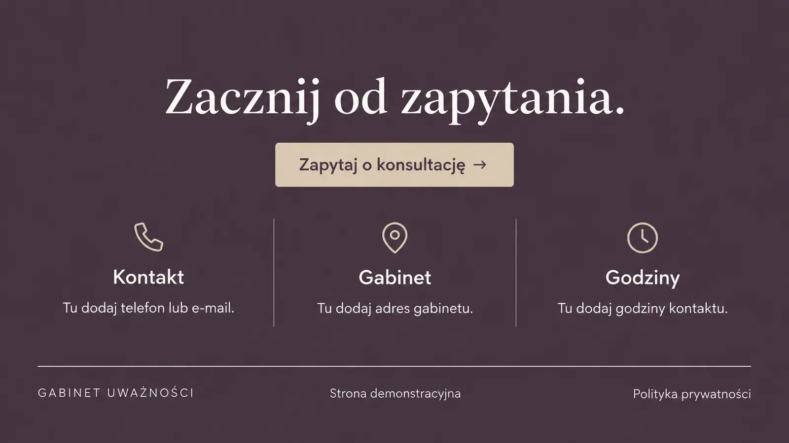 Projekt szablonu Premium dla psychologa — sekcja Praktyczny kontakt i stopka