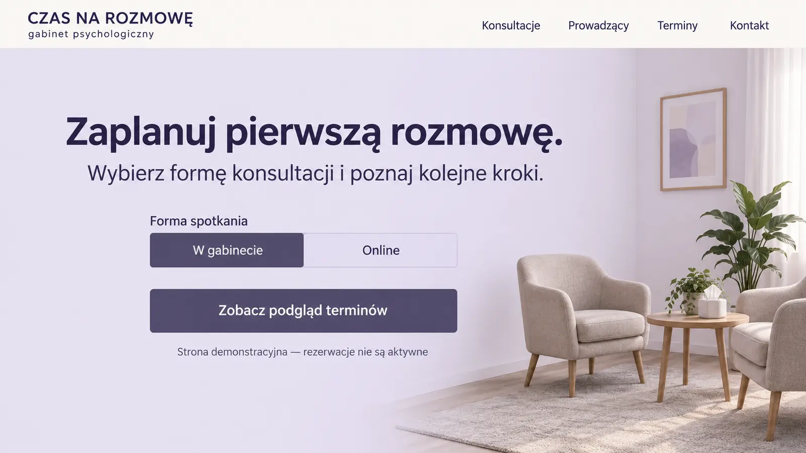 Projekt szablonu Rezerwacje dla psychologa — sekcja Wybór formy konsultacji