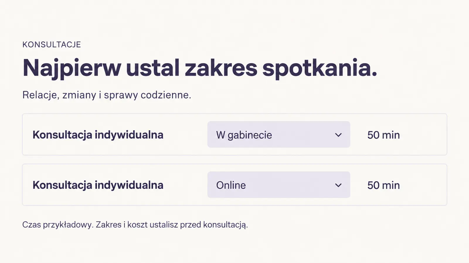 Projekt szablonu Rezerwacje dla psychologa — sekcja Zakres i czas